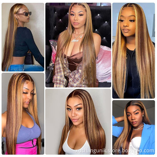 Uniky 100% remy hair,ombre honey brown color highlighted human hair hd full lace wigs,613 blonde black highlight lace front wig